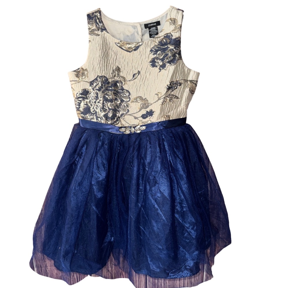NEW Zunie Floral Jacquard Tulle Party Dress Navy Gold 10 Rhinestone Brooch NWT